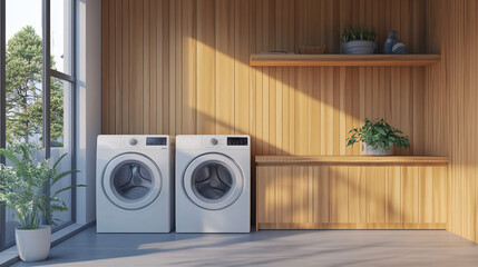 Modern Laundry Room with Wood Paneling.