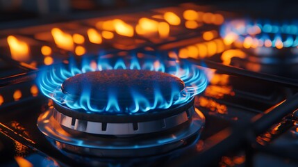 Gas stove burner with vibrant blue flame, bright orange fire, close-up shot, kitchen background, high contrast, sharp focus, dramatic lighting, glossy surface reflection.