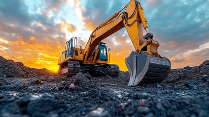 A yellow excavator is in a field with a sunset in the background