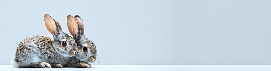Fototapeta premium Two cute bunnies cuddling together on a white surface with a light blue background.