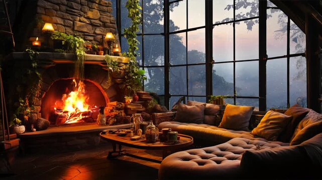 Animated virtual backgrounds, cozy lofi living room with fireplace with forest view from window