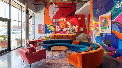 A vibrant lounge with bold colors, eclectic furniture, and a large mural on one wall, creating an energetic and creative space.