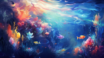 Serene underwater scene with light rays. Tranquil and ethereal atmosphere. Calm underwater background.