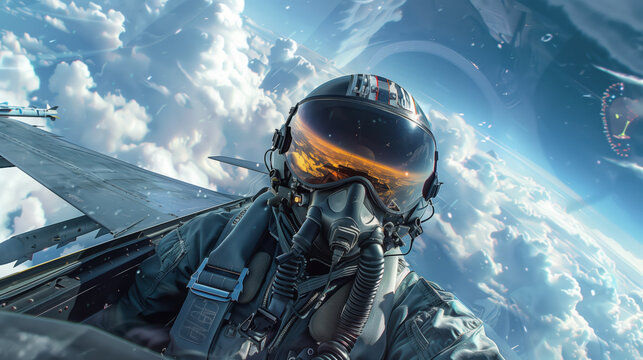 Portrait of a Pilot in the Cockpit of an F-16 Fighter Jet at High Altitude - Powered by Adobe