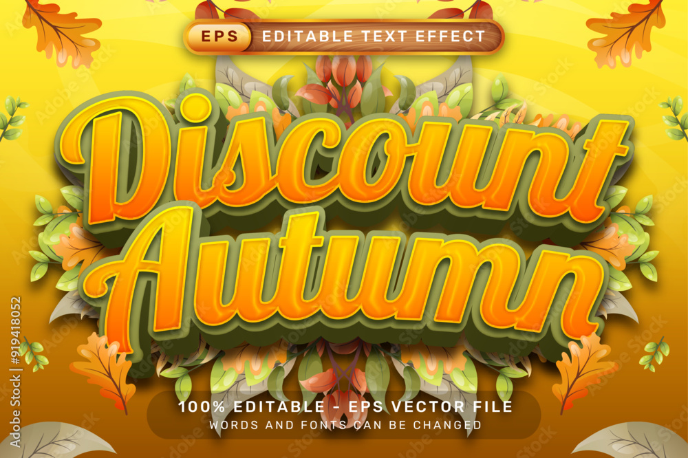 Poster discount autumn 3d text effect and editable text effect with leaf autumn illustration
