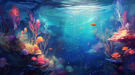 Serene underwater scene with light rays. Tranquil and ethereal atmosphere. Calm underwater background.