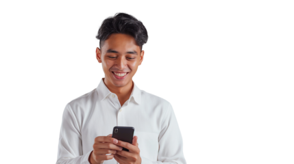 A cheerful young Asian man is smiling as he uses his cell phone, set against a bright Transparent background.