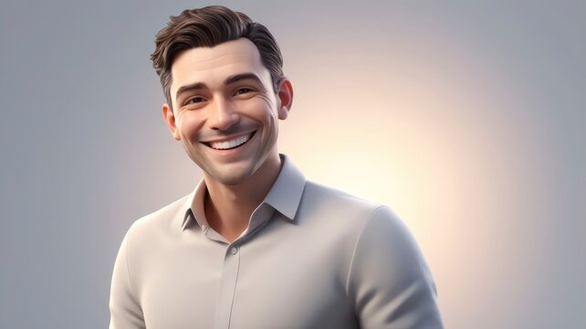 3D style man smiling warmly, light background, people expression concept