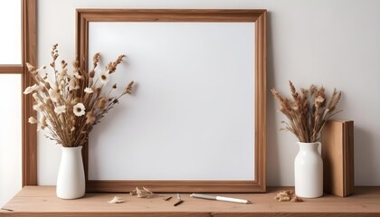 A white dry erase board or whiteboard in a wooden frame, with a vase of dried flowers on a wooden shelf.