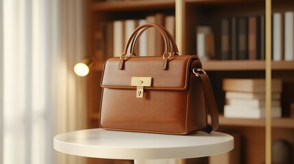 Luxurious brown leather handbag, minimalist design, brass hardware, on white pedestal, soft studio lighting, blurred bookshelf background, rich texture, high-end fashion accessory.