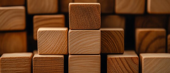 Detailed view of multiple wooden blocks forming a stable tower, with each block s grain and texture clearly visible, wooden block, stable stacking