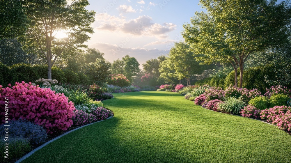 Poster a lush green lawn with a path leading through it