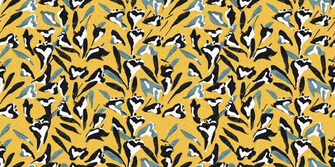 Modern printed fabric flower block print pattern with linen texture effect. Stylized boho dark floral for chic fashion background motif border design.