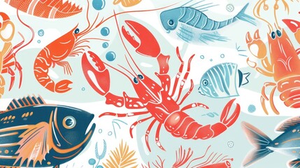 Fototapeta premium Colorful illustration of various fish and crustaceans