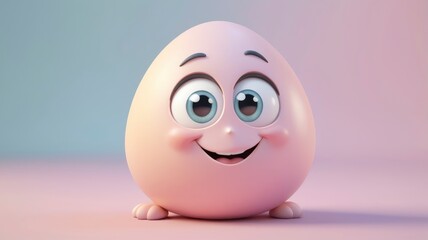 A pastel-toned egg character with a bashful smile and big eyes, sitting in a charming