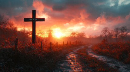 A cross with the word Jesus written on it is in a field
