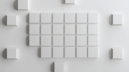 Abstract white background with cubes and squares, simple geometric shapes on a clean wall