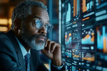 Businessman Analyzing Data on a Large Monitor