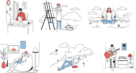 Minimalist Line Art Illustrations Mindfulness and Relaxation Activities in Daily Life Scenes