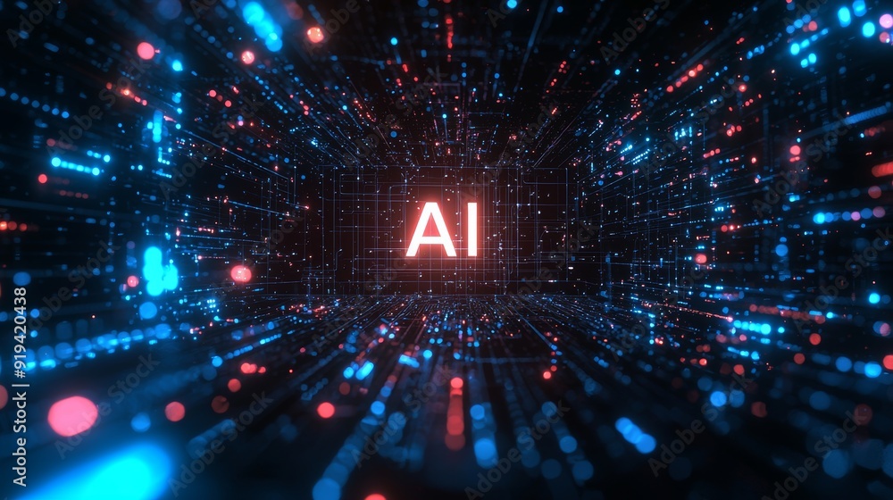 Poster ai in cybernetic space with neon lights and data streams