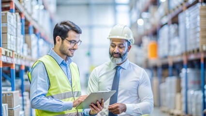 "Warehouse Manager and Logistics Employee in Meeting for Product Transport" – Indian warehouse manager and logistics employee having a meeting about transporting products within the warehouse.
