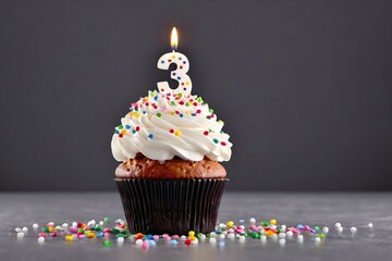 3rd birthday cupcake with whipped cream, sprinkles, candles, and number 3, isolated on dark background