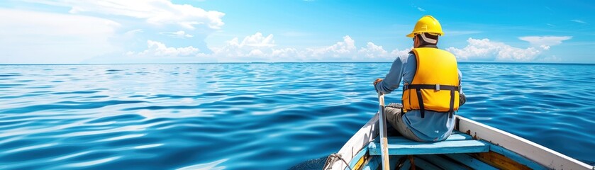 Person in a yellow life jacket and hat rowing a boat on a vast, calm ocean under a bright blue sky with few clouds.