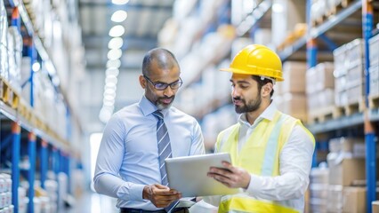 "Logistics Coordinator and Warehouse Manager Reviewing Shipment Details" – Indian logistics worker and warehouse manager checking shipment details amidst warehouse shelves.
