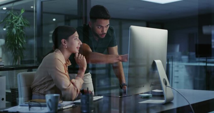 Manager, ceo or boss helping creative on a computer to plan ideas, brainstorm strategy or design website late at night. Entrepreneurs training or talking about startup business webpage on office tech
