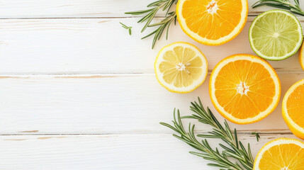 Assorted citrus fruit slices, including oranges, lemons, and limes, arranged on a white marble background with green leaves.
