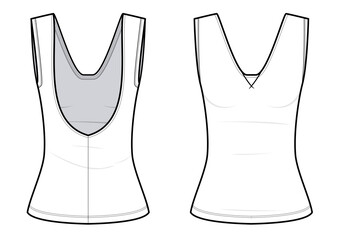 Sleeveless bodycon top technical fashion illustration. hoodie vector template illustration. front and back view. V-neck. Sexy fit. Women’s. white color. CAD mockup set.