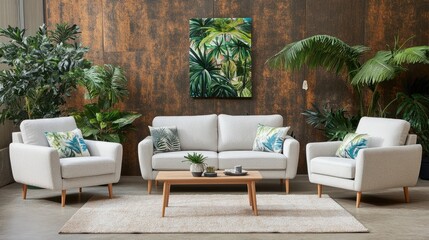 The modern living room features a beige sofa and armchair, a coffee table, and plants against a rich brown wall, showcasing minimalist Scandinavian decor