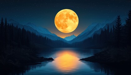 Fototapeta premium A serene landscape at night with a glowing full moon reflecting on a calm lake surrounded by mountains and pine trees.