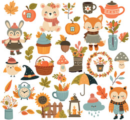 Big set of cute clip art collected for fall. . Stickers and clip art for the fall season. Thanksgiving design on white