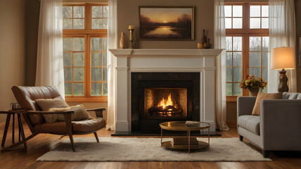 living room with fireplace, ai generated