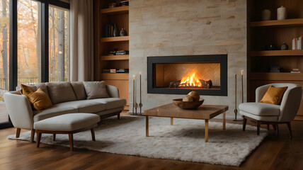 Fototapeta premium living room with fireplace, ai generated