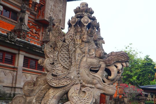 A close-up of Antaboga's head statue on the bridge leading to the Indonesian Museum in Taman Mini Indah Indonesia.