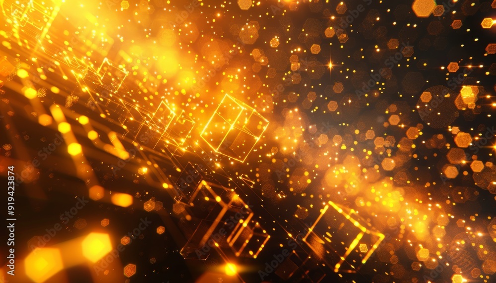 Poster abstract background with golden glowing light and square cubes. abstract digital futuristic technolo