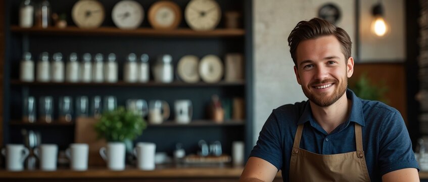  Man in small business, working in his own bistro. Young male business owner