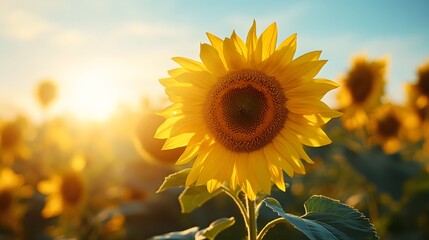 Obraz premium Vibrant sunflower field at sunset, golden hour light, clear blue sky, macro focus on central sunflower, soft bokeh background, warm color palette, vivid yellow petals, green leaves.