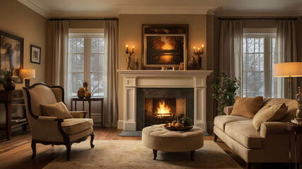 living room with fireplace, ai generated