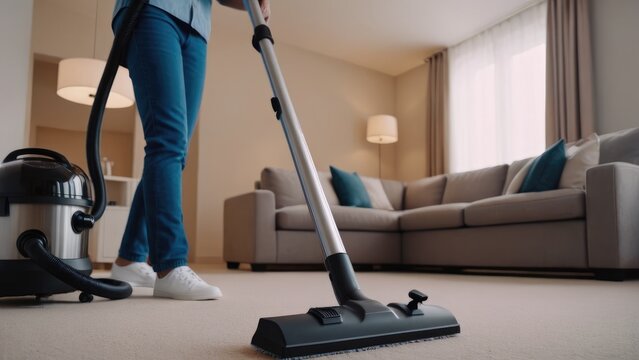 Cleaners are carrying out a comprehensive apartment cleaning, meticulously vacuuming and mopping to achieve a spotless and refreshed living space