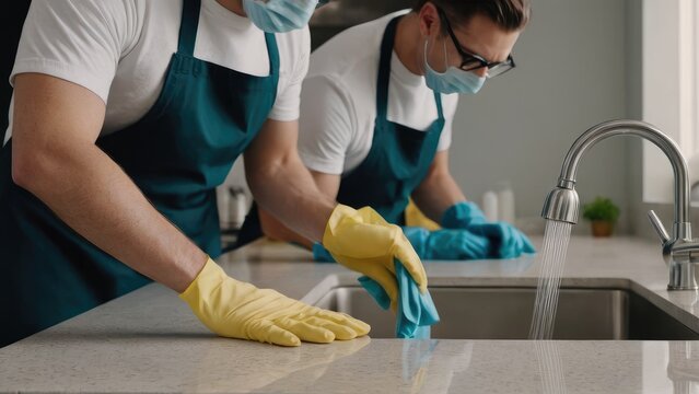 Cleaners are carrying out a comprehensive apartment cleaning, meticulously vacuuming and mopping to achieve a spotless and refreshed living space