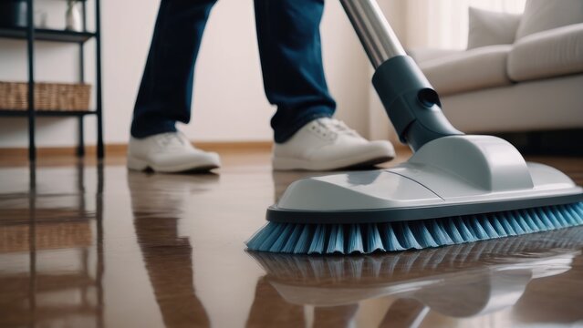 Cleaners are carrying out a comprehensive apartment cleaning, meticulously vacuuming and mopping to achieve a spotless and refreshed living space