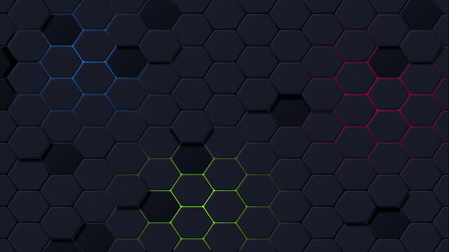 Hexagons pattern on a black background. Colored honeycombs on a dark gradient. Geometric digital shape. Vector linear structure of a wasp's nest. Black wall neon electret lines.