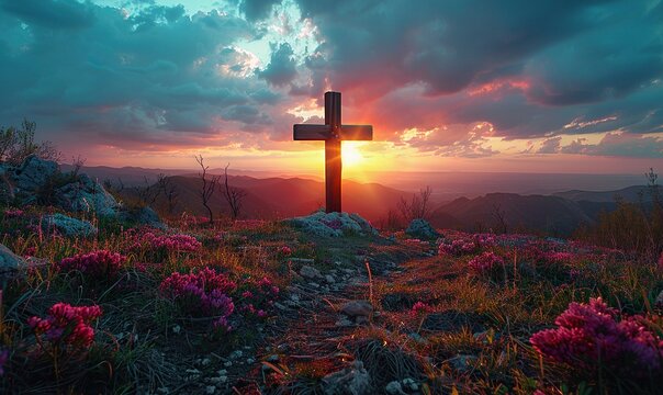 cross of jesus easter resurrection concept christian wooden cross on a background with dramatic lighting colorful mountain sunset dark clouds,sky sunbeams.