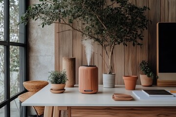 Modern interior design featuring a scented humidifier on a white table, surrounded by green plants and wooden furniture, creating a refreshing and stylish ambiance.