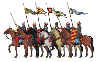 Group of Historically Accurate Early Medieval Knights on Horseback in Armour and with Various Weapons, Illustration Isolated on White Background