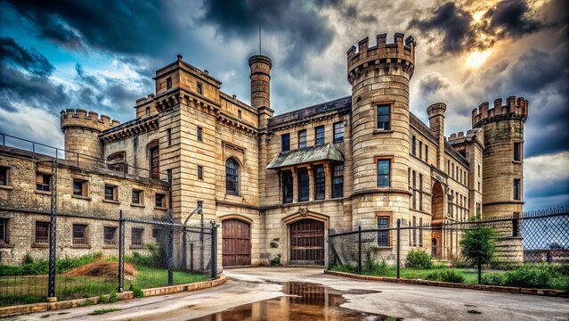 Abandoned Joliet Correctional Center, a historic Illinois prison with crumbling walls, rusted gates, and eerie atmosphere, evoking a sense of decay and forgotten stories.
