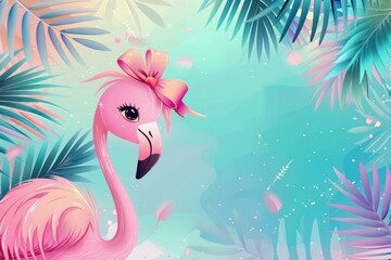 Obraz premium A pink flamingo with large eyes and a pink bow, surrounded by green leaves and pink flowers on a soft pastel background. ai